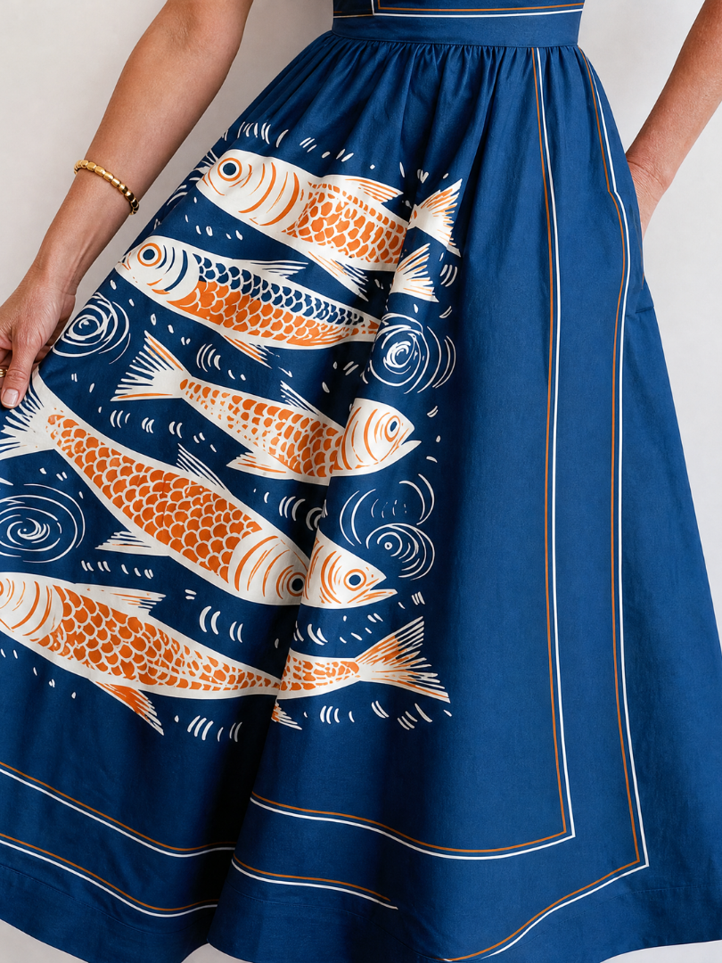 NORIA | Vestido de largo medio sin mangas con estampado de peces
