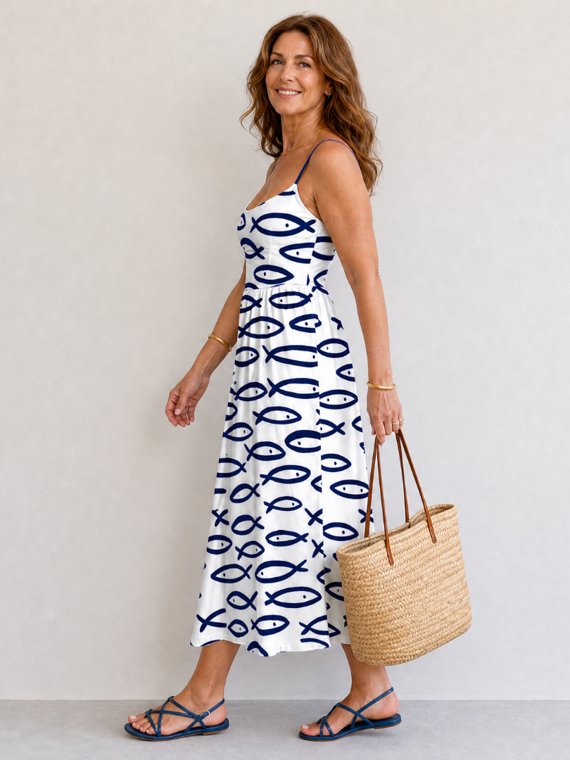 NORIA | Vestido de largo medio sin mangas con estampado de peces