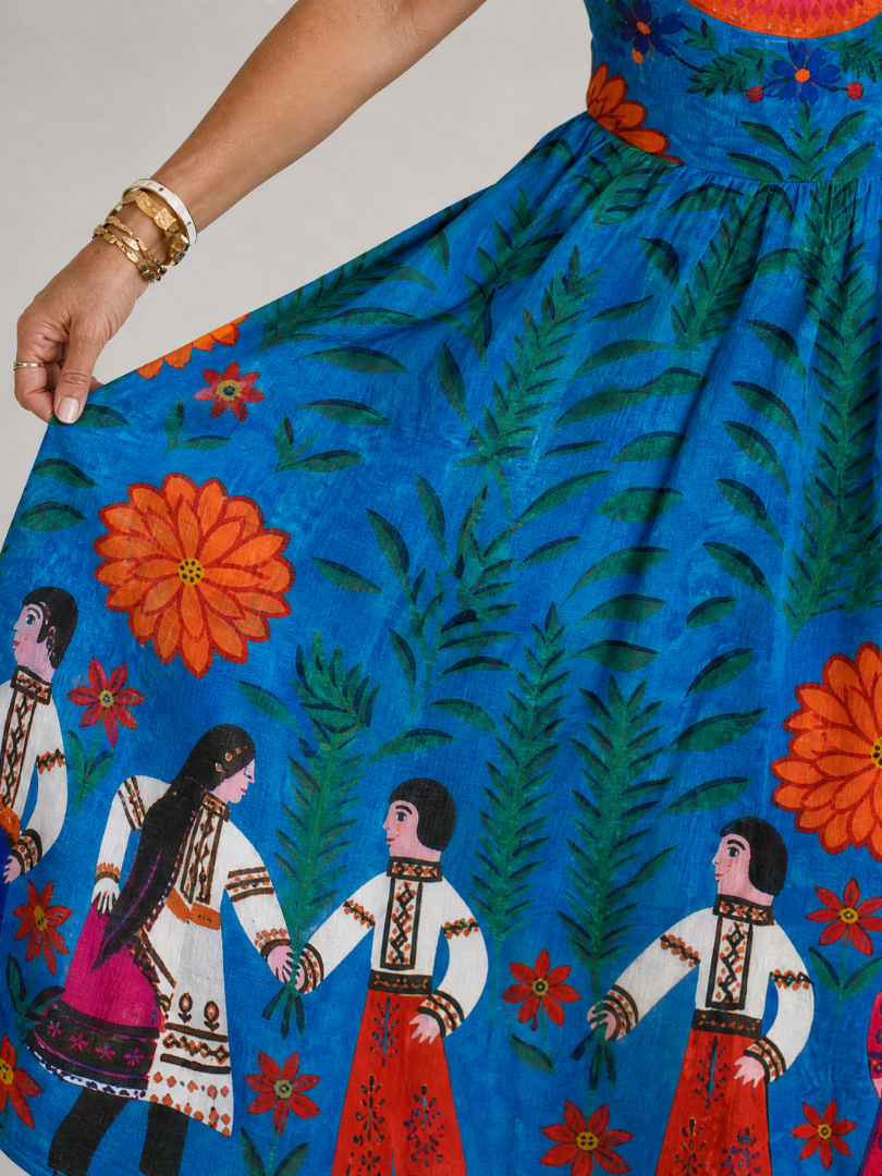 NORIA | Vestido de largo medio sin mangas con estampado folk