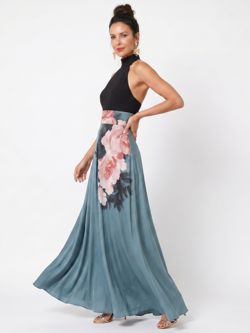 NORIA | Vestido largo con cuerpo al cuello y falda floral