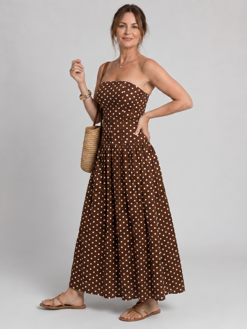 NORIA | Vestido de largo medio sin tirantes con estampado de lunares
