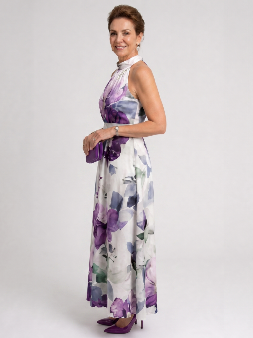NORIA | Vestido de largo medio fluido con escote al cuello y delicado estampado floral