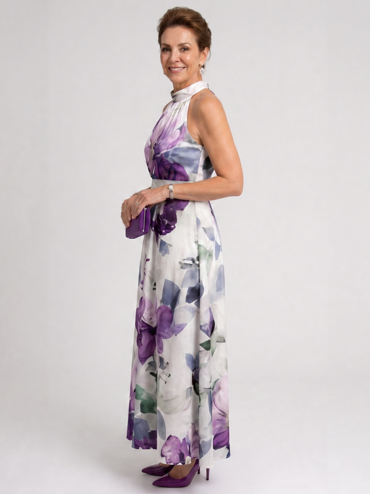 NORIA | Vestido de largo medio fluido con escote al cuello y delicado estampado floral