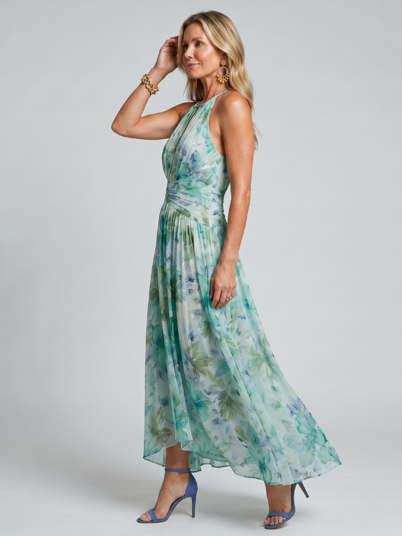 NORIA | Vestido de largo medio plisado de tirantes con delicado estampado floral