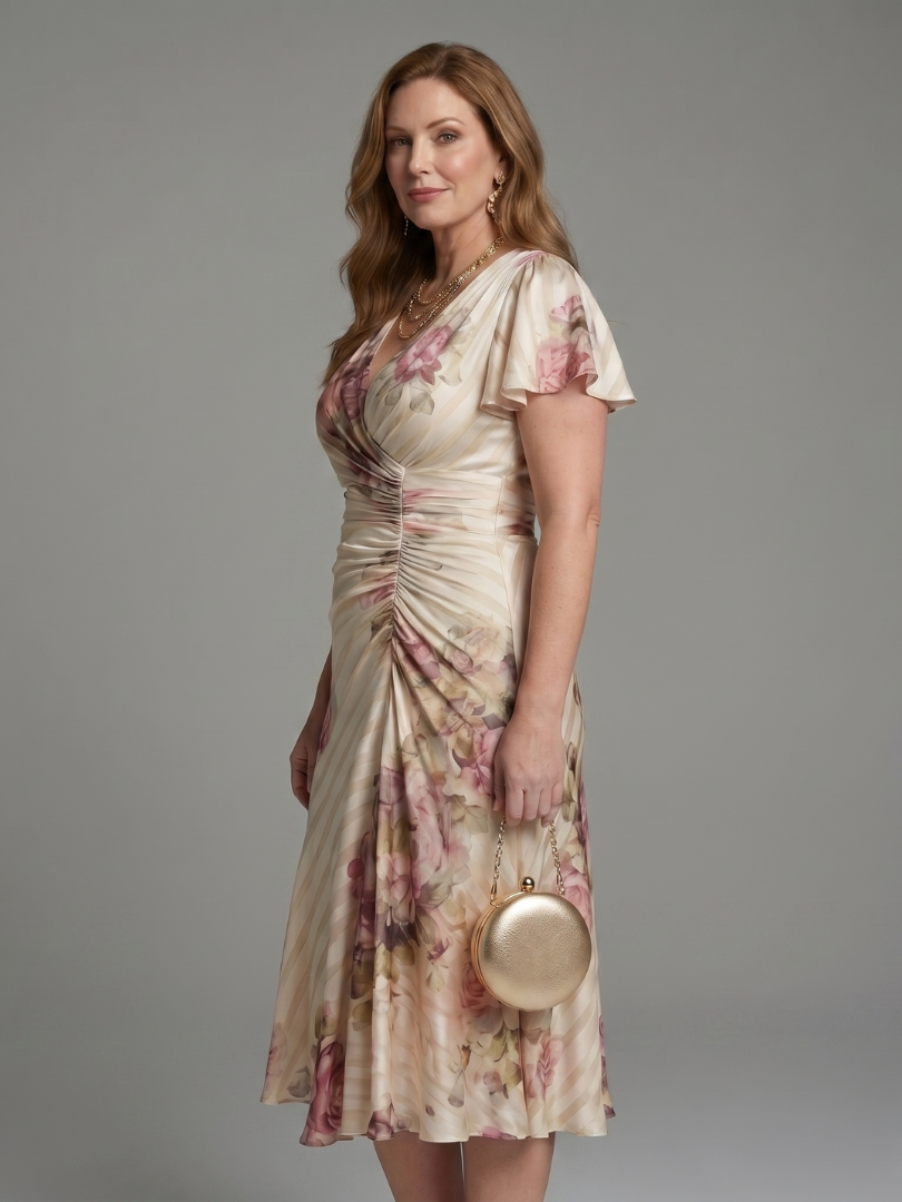 NORIA | Vestido de largo medio con mangas de volante y estampado floral a rayas