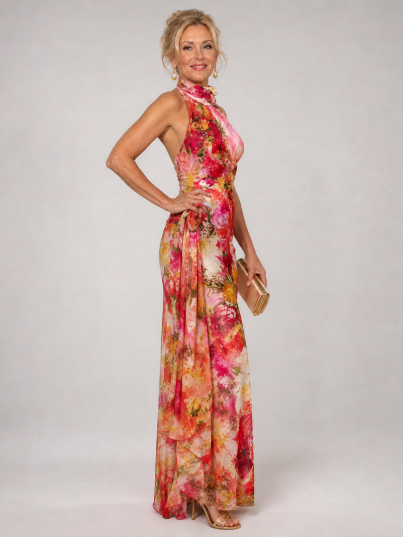 NORIA | Vestido largo con estampado floral y escote al cuello