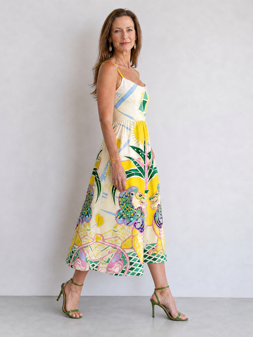 NORIA | Vestido de largo medio con estampado geométrico de león