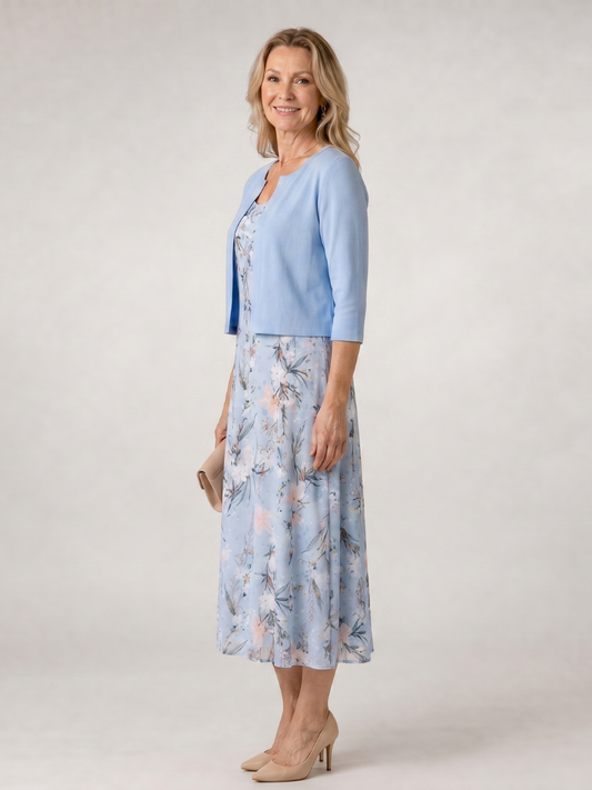 NORIA | Vestido de largo medio sin mangas con estampado floral y chaqueta corta
