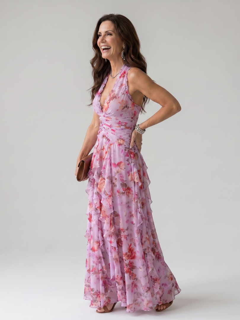 NORIA | Vestido largo floral con escote al cuello y cuerpo fruncido