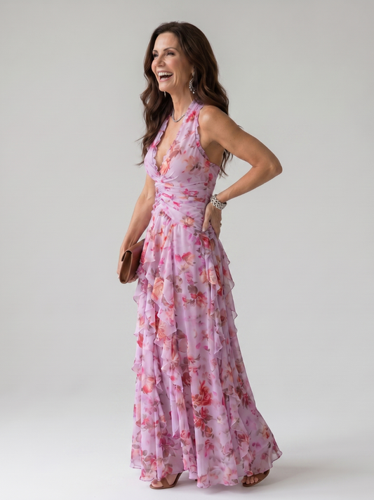 NORIA | Vestido largo floral con escote al cuello y cuerpo fruncido