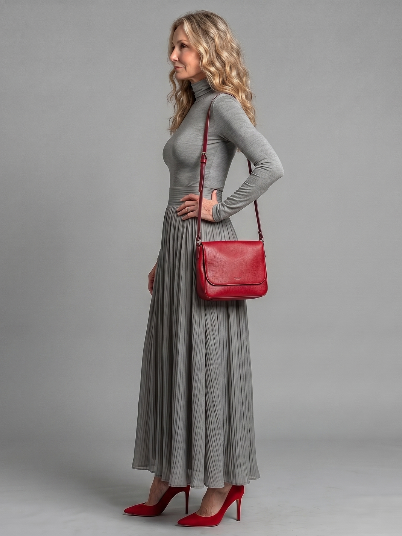 NORIA | Vestido de largo medio de cuello alto y manga larga con cintura marcada