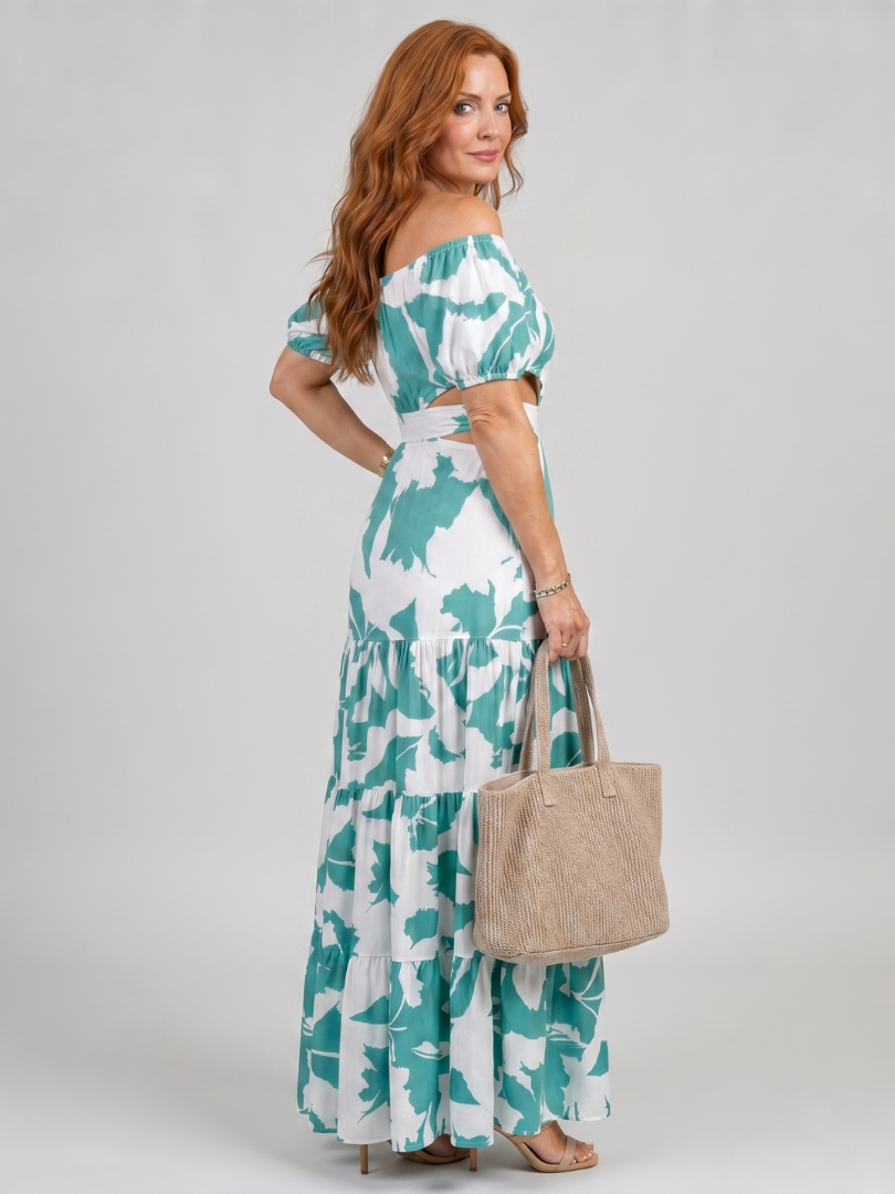 NORIA | Vestido largo con hombros descubiertos y aberturas en la cintura