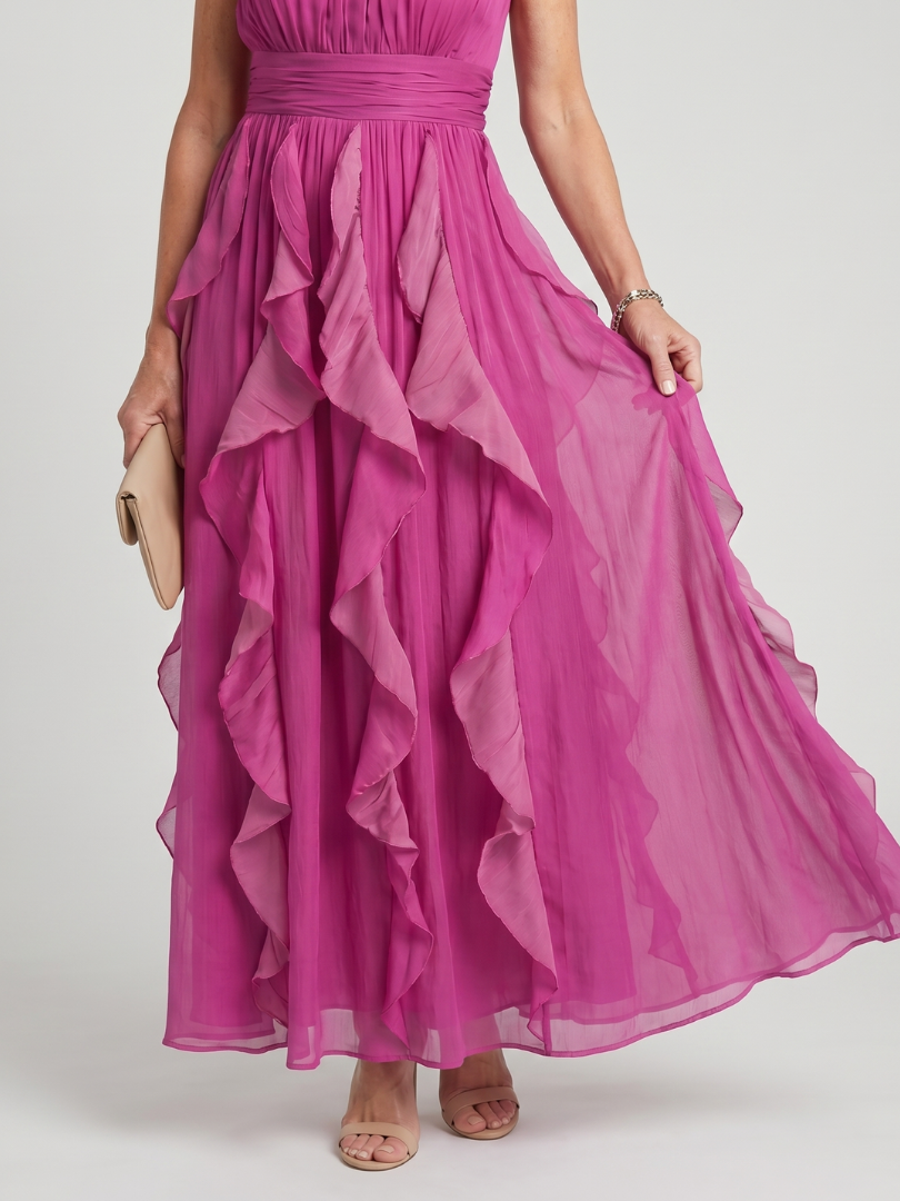 NORIA | Vestido largo con cuello alto y volantes superpuestos
