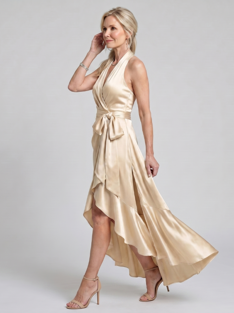 NORIA | Vestido de largo medio asimétrico con escote al cuello