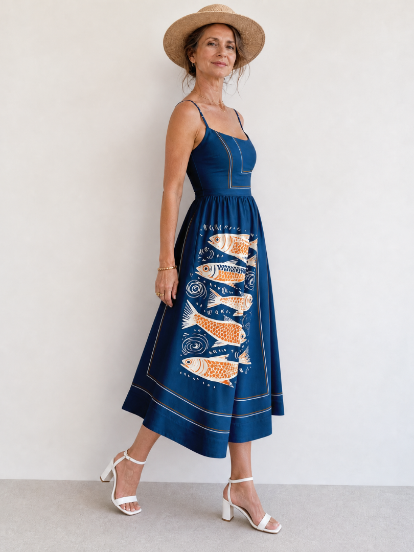 NORIA | Vestido de largo medio sin mangas con estampado de peces