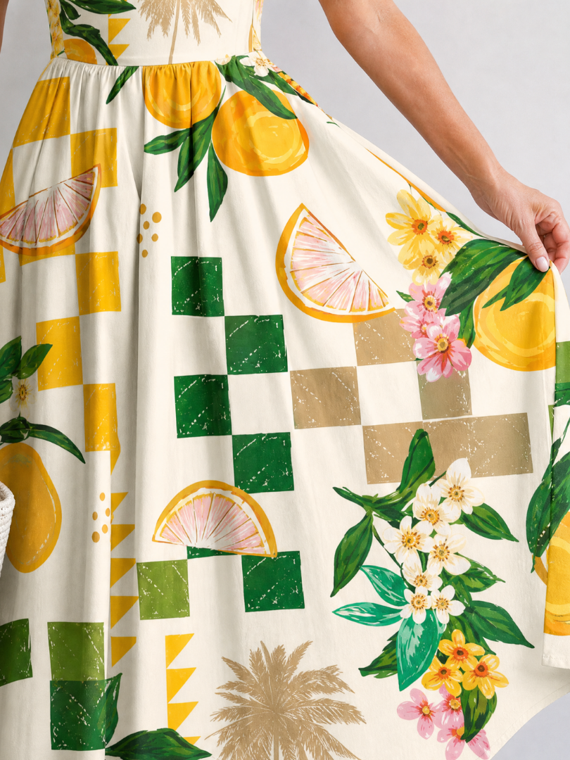 NORIA | Vestido de largo medio sin mangas con estampado de cítricos