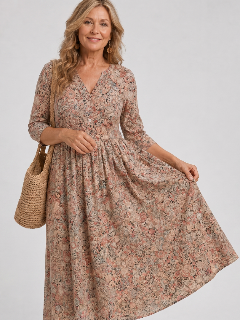 NORIA | Vestido de largo medio retro de manga tres cuartos