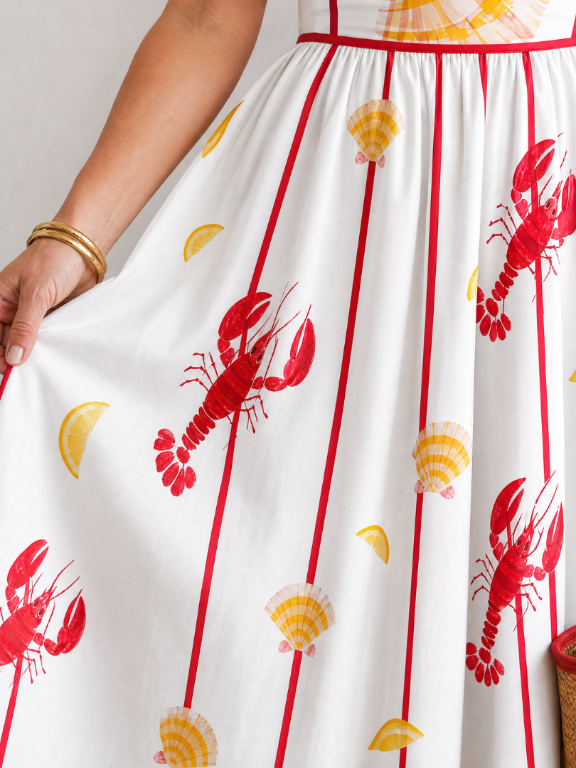 NORIA | Vestido de largo medio con estampado de langostas y conchas
