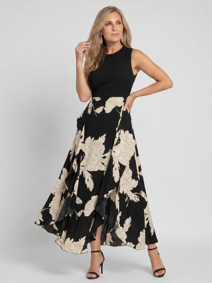 NORIA | Vestido de largo medio sin mangas con estampado floral y bajo asimétrico