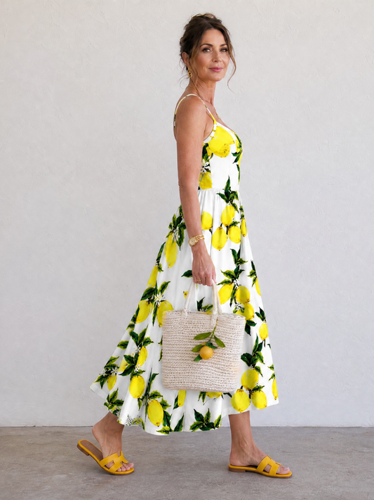 NORIA | Vestido de largo medio sin mangas con estampado de limones