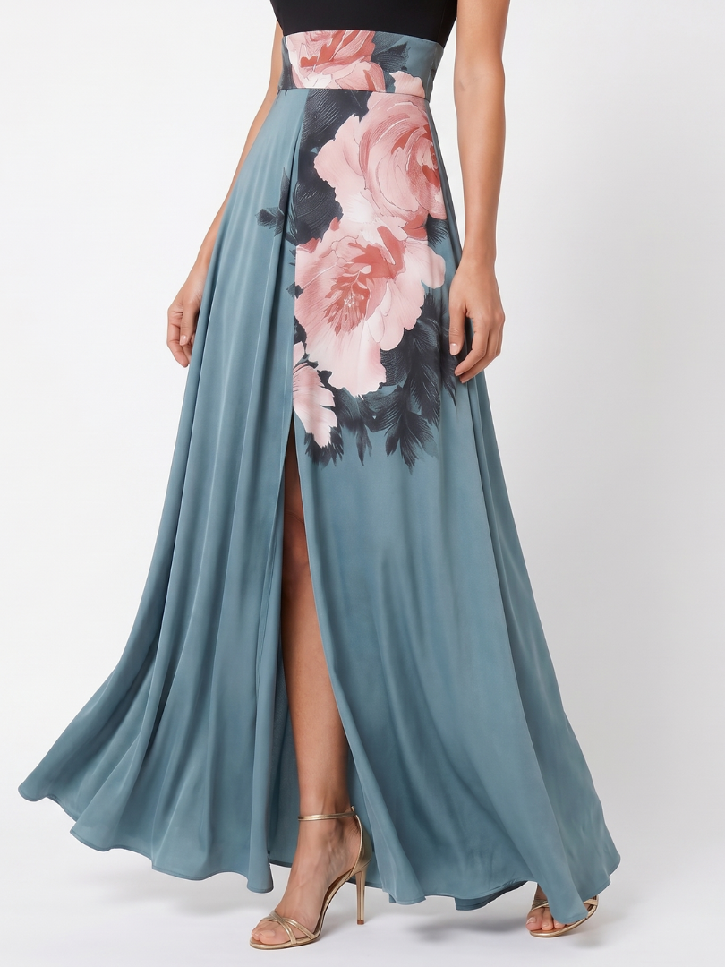NORIA | Vestido largo con cuerpo al cuello y falda floral
