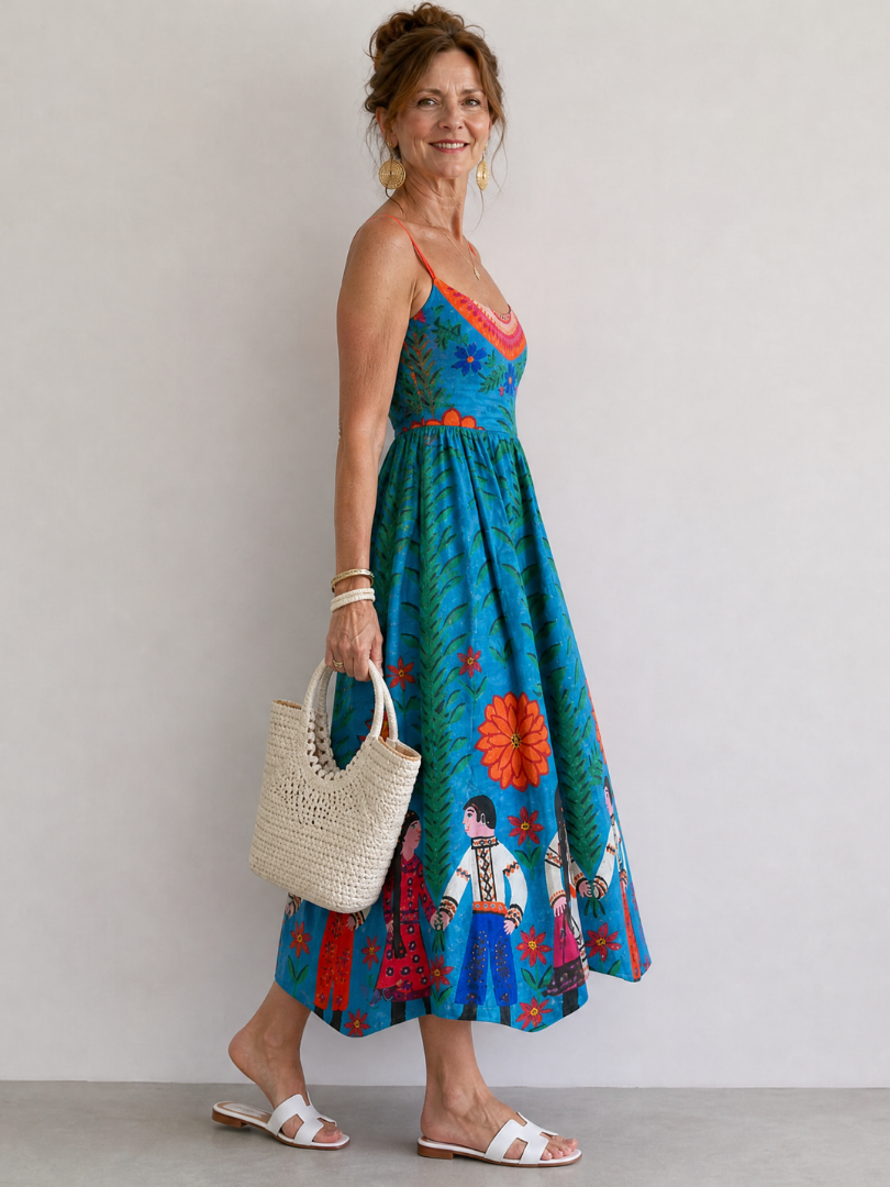 NORIA | Vestido de largo medio sin mangas con estampado folk