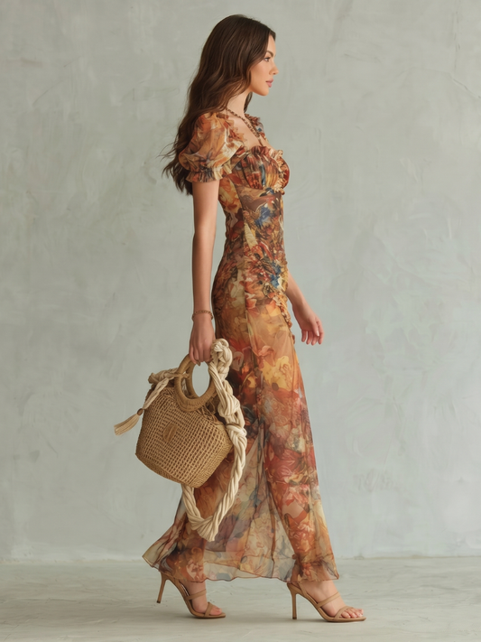NORIA | Vestido de largo medio fruncido con mangas de volante