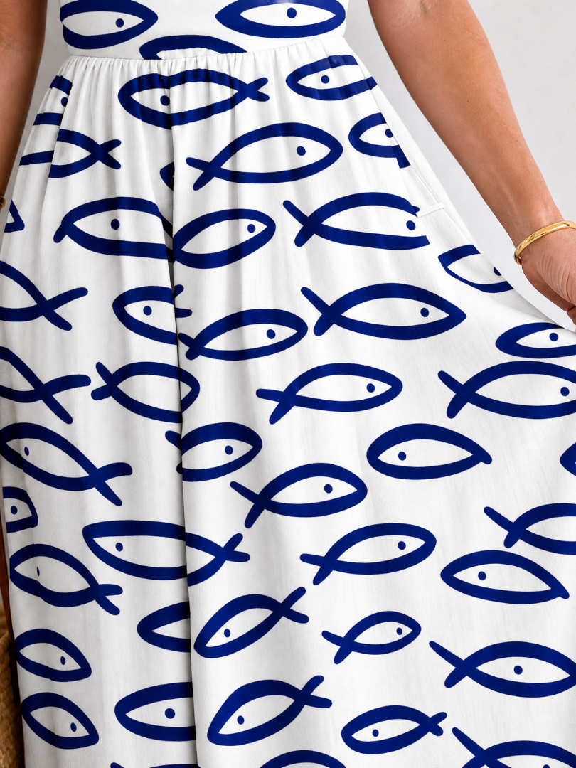NORIA | Vestido de largo medio sin mangas con estampado de peces