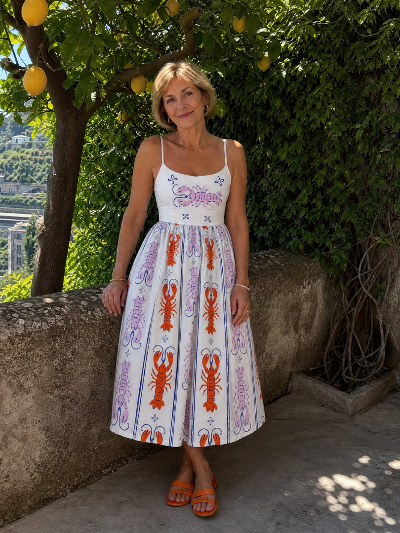 NORIA | Vestido de largo medio sin mangas con estampado de langostas
