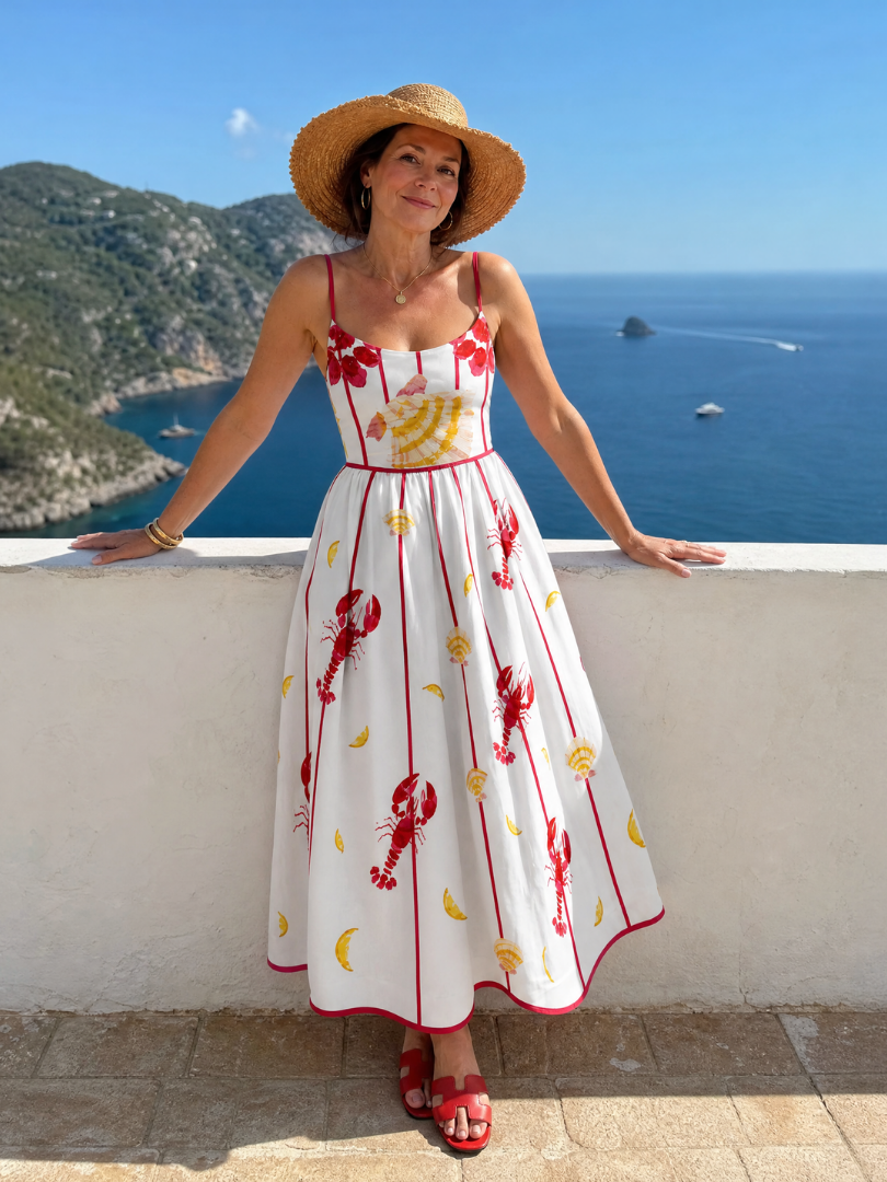 NORIA | Vestido de largo medio con estampado de langostas y conchas