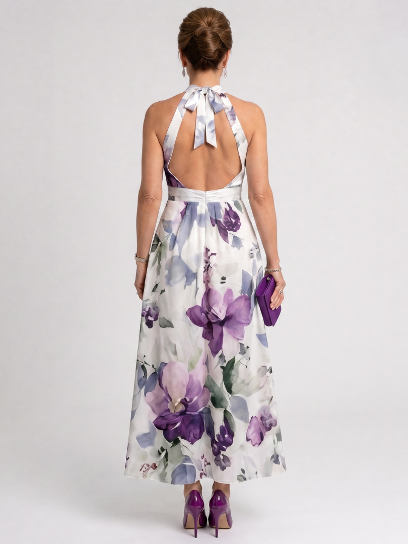 NORIA | Vestido de largo medio fluido con escote al cuello y delicado estampado floral