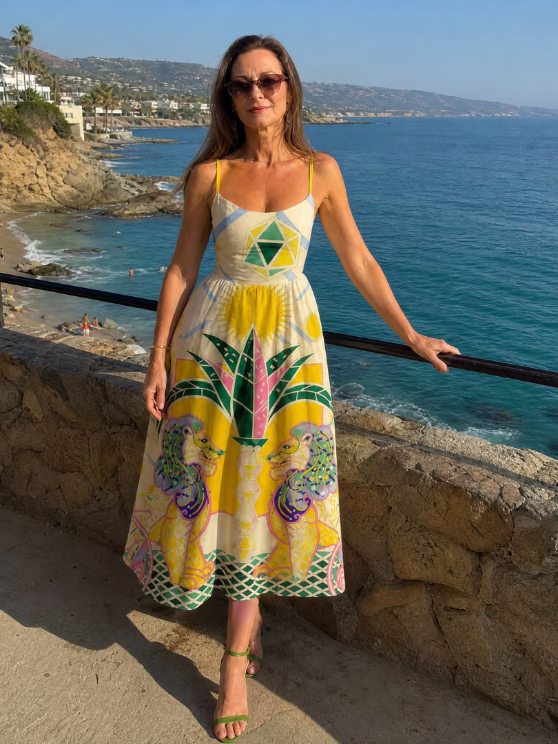 NORIA | Vestido de largo medio con estampado geométrico de león