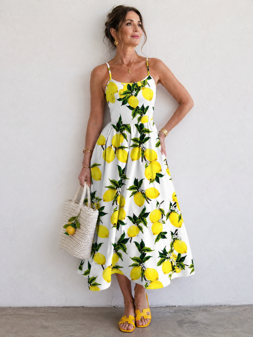 NORIA | Vestido de largo medio sin mangas con estampado de limones