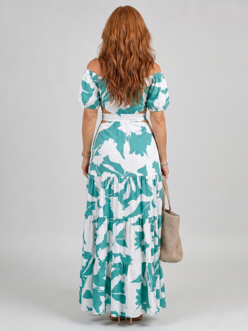 NORIA | Vestido largo con hombros descubiertos y aberturas en la cintura