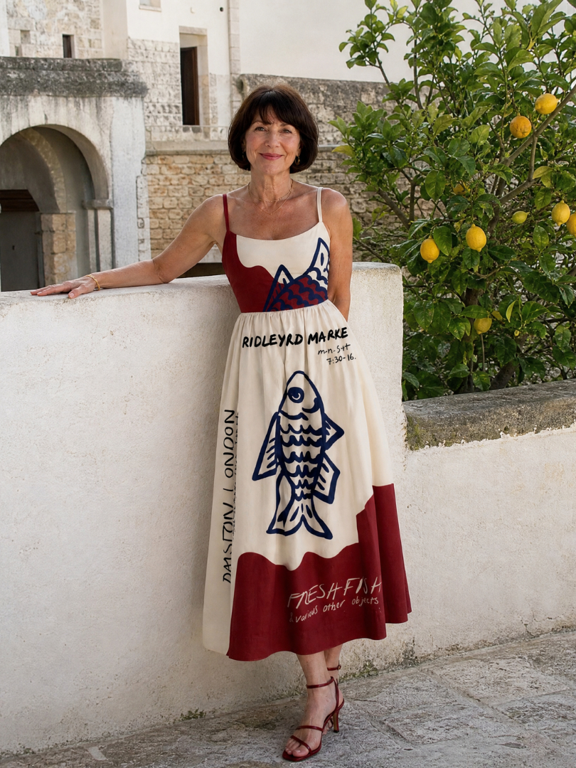 NORIA | Vestido de largo medio sin mangas con gráfico de peces