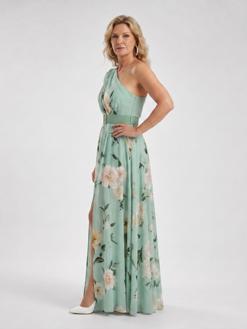 NORIA | Vestido largo de un hombro con estampado floral y cinturón