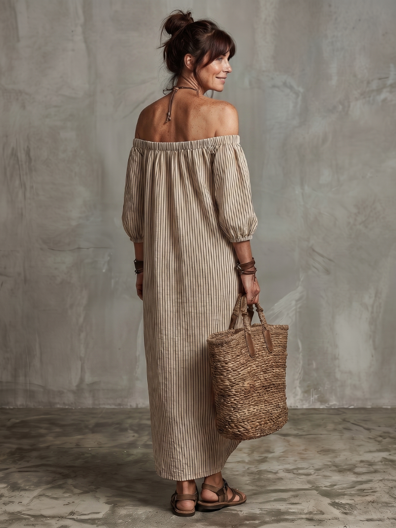NORIA | Vestido largo a rayas con hombros descubiertos