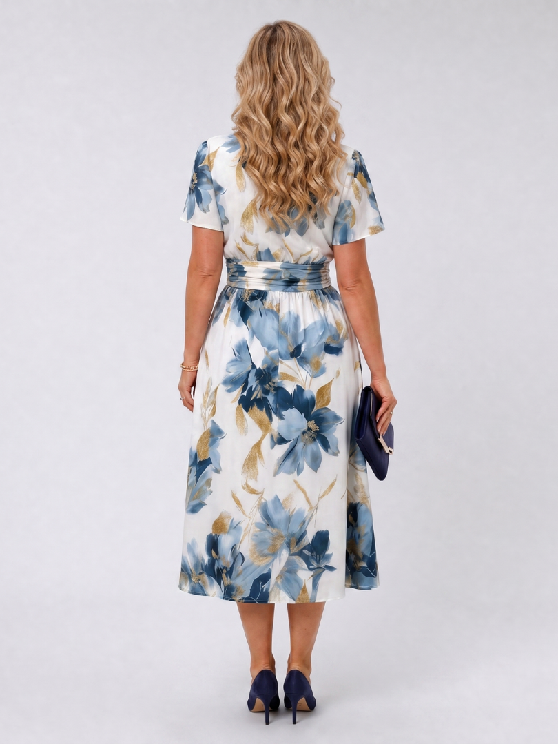 NORIA | Vestido de largo medio cruzado de manga corta con estampado floral