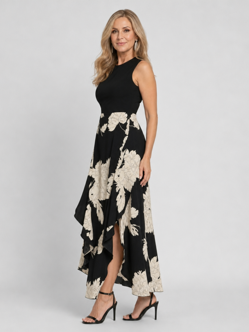 NORIA | Vestido de largo medio sin mangas con estampado floral y bajo asimétrico