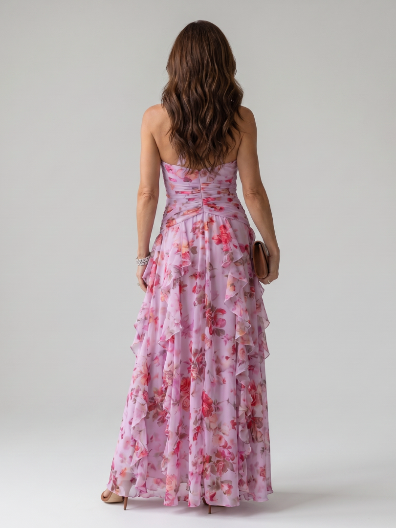NORIA | Vestido largo floral con escote al cuello y cuerpo fruncido