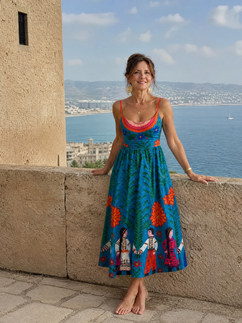 NORIA | Vestido de largo medio sin mangas con estampado folk