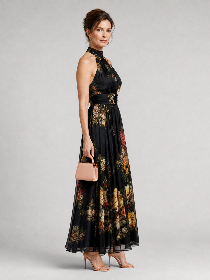 NORIA | Vestido de largo medio floral con escote al cuello