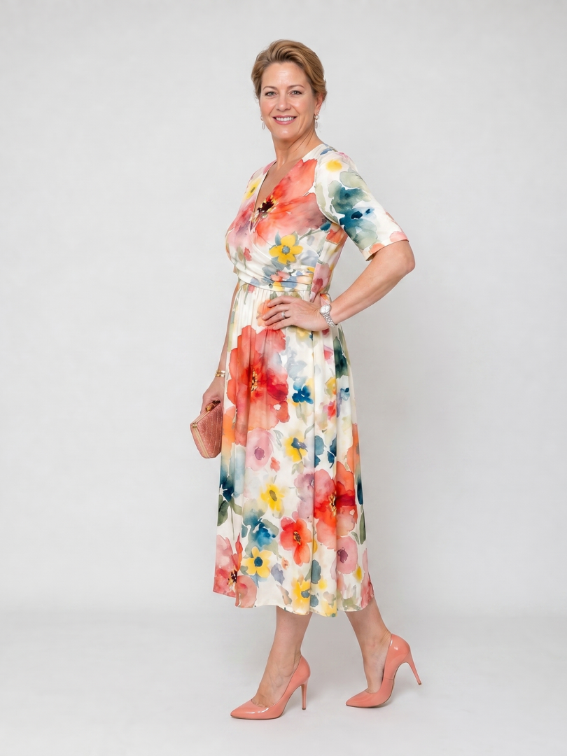 NORIA | Vestido de largo medio de manga corta con estampado floral y escote en V