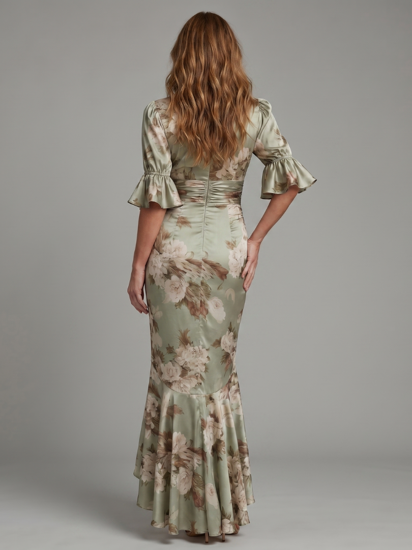 NORIA | Vestido de largo medio de manga corta con escote en V y cintura fruncida