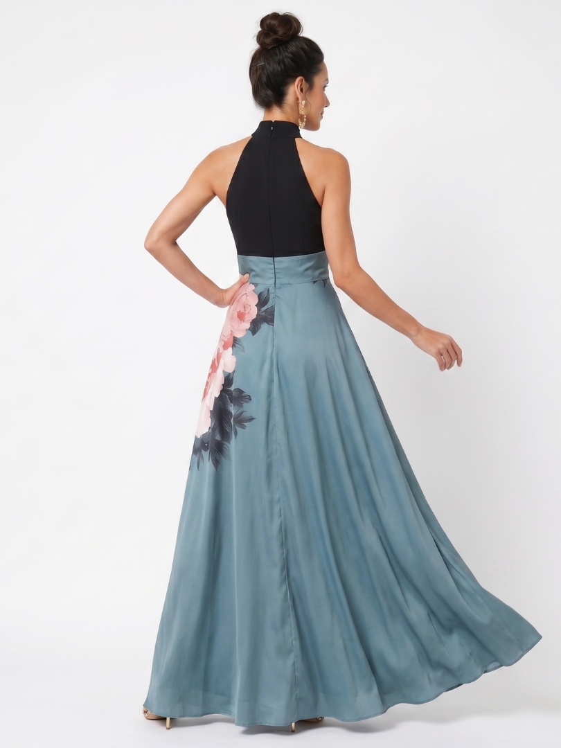 NORIA | Vestido largo con cuerpo al cuello y falda floral