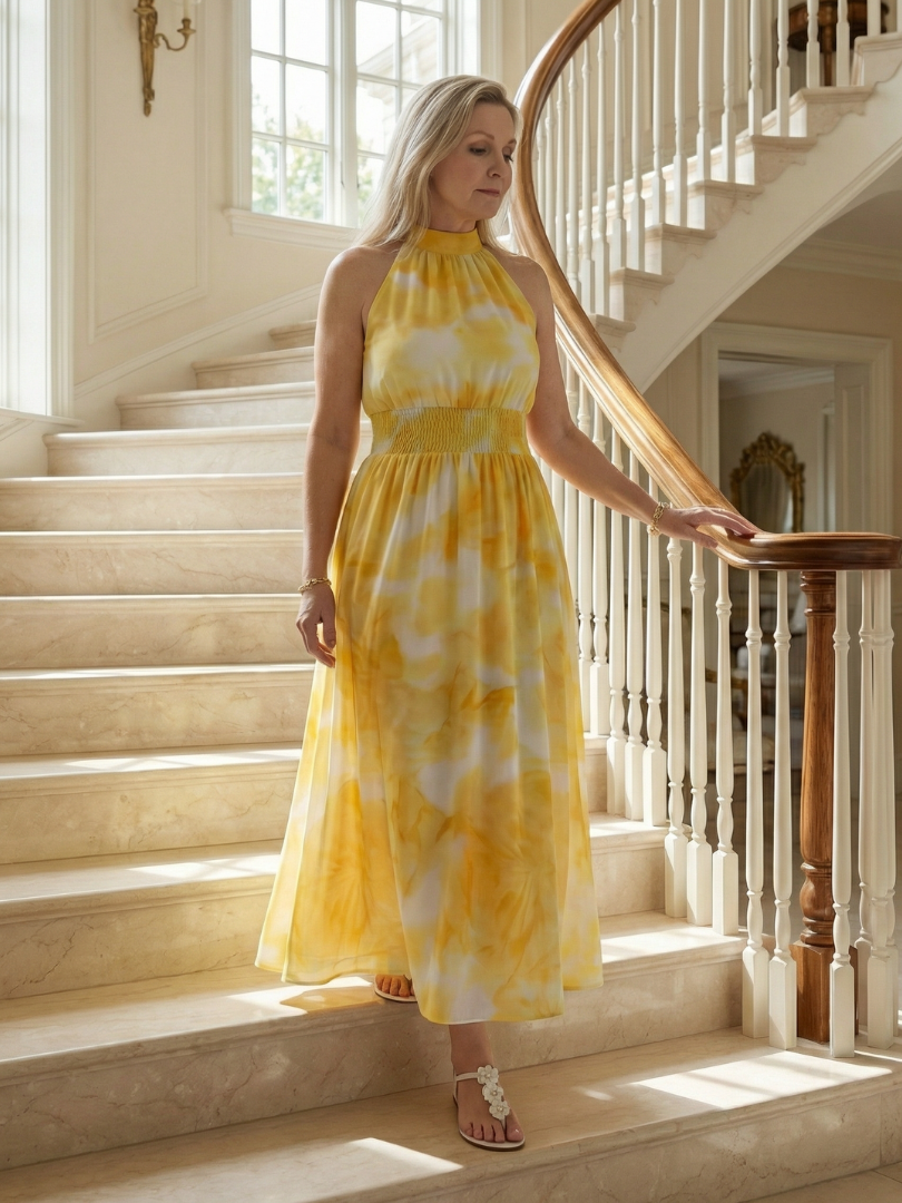 NORIA | Vestido de largo medio fruncido con escote al cuello