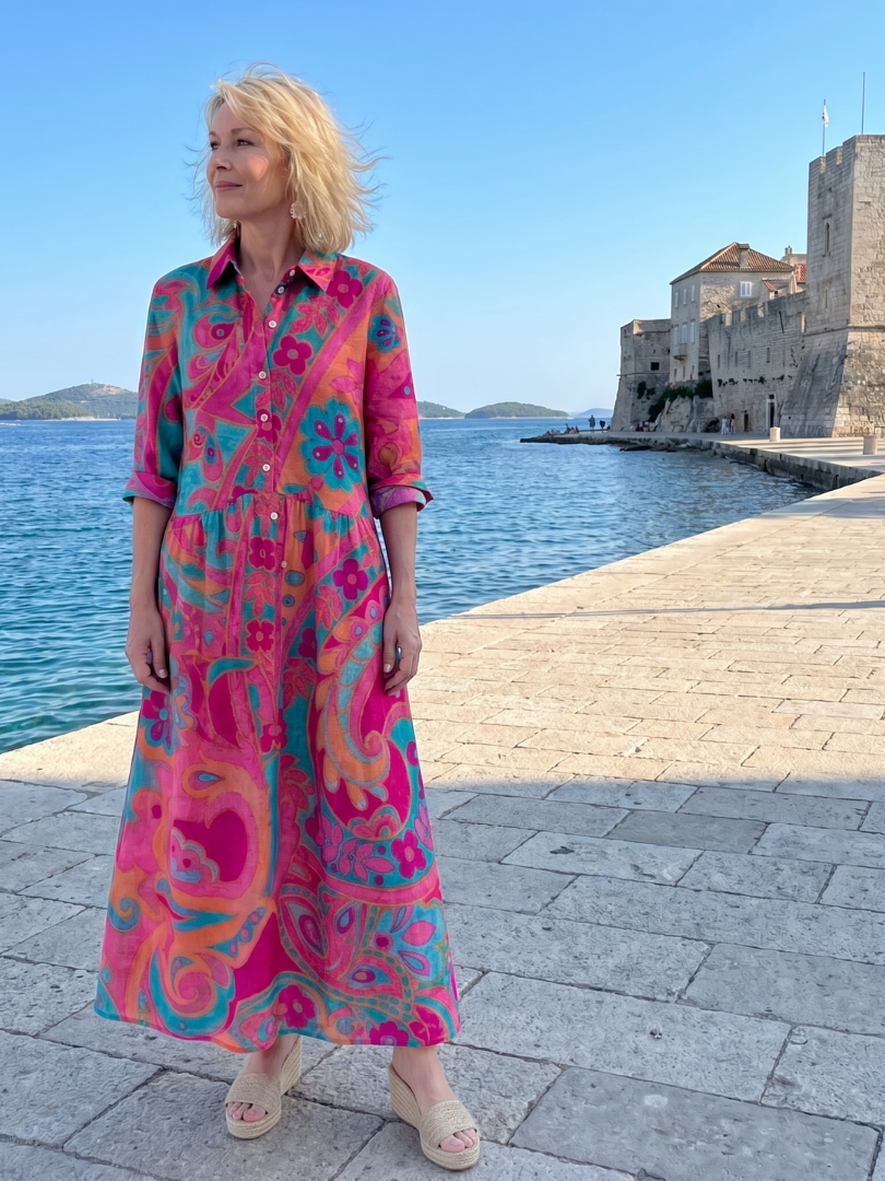 NORIA | Vestido de largo medio estampado con cuello y botones