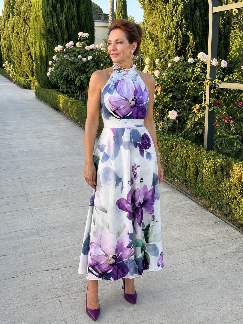 NORIA | Vestido de largo medio fluido con escote al cuello y delicado estampado floral