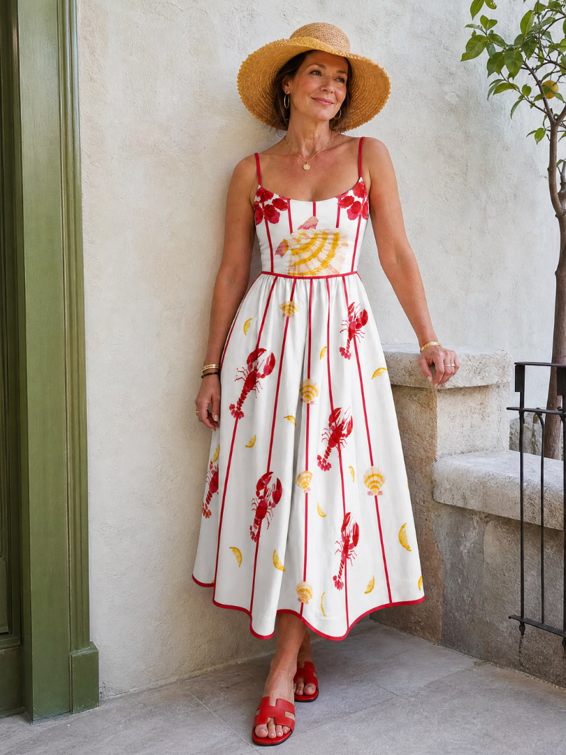 NORIA | Vestido de largo medio con estampado de langostas y conchas