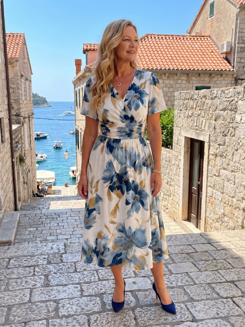 NORIA | Vestido de largo medio cruzado de manga corta con estampado floral